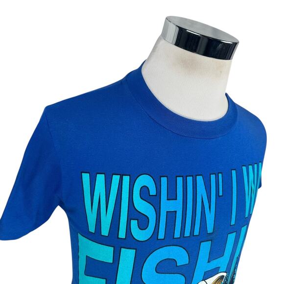 Vintage Garfield Wishin' I Was Fishing T-Shirt Men’s Medium Blue 70s USA Graphic - Picture 2 of 12
